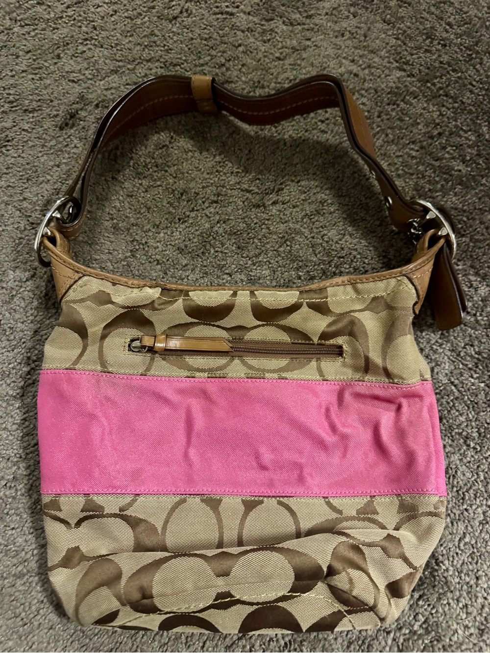 Coach Tan Signature Canvas Shoulder Bag with Pink Stripe